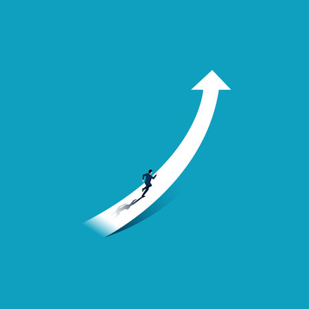 Business growth and business opportunity concept. businessman running on the upward arrow. career or investment opportunity symbol. the financial market, stock exchange, symbol of success, vector flatのイラスト素材