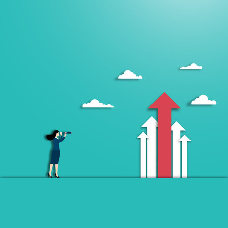 Business vision and target, A businesswoman holding a telescope standing looking at the red arrow up toward career success. Concept business, Achievement, Character, Leader, Vector illustration flatのイラスト素材