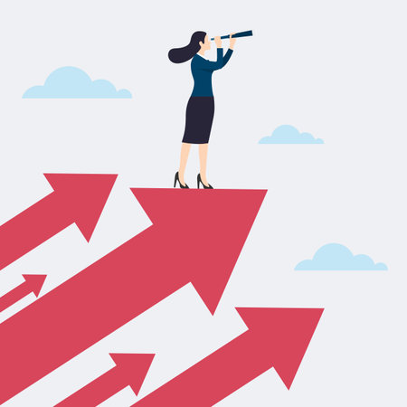 Business vision and target, businesswoman holding a telescope standing on red arrow looking up go toward career success. concept business, achievement, character, leader, vector illustration flatのイラスト素材