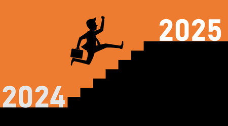 A young businessman jump between 2024 and 2025 years. businessman upstairs to new year. business concept, challenges, success, chance, vision. Vector illustration flatのイラスト素材