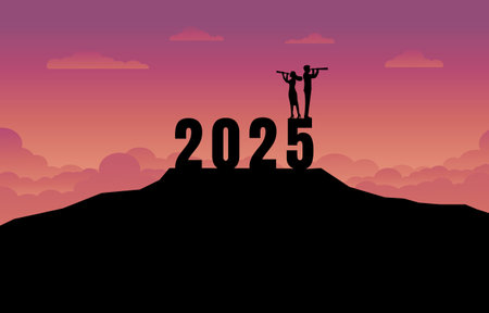Silhouette of business success concept in the new year 2025. Businessman and woman with binoculars standing on top of mountain. Business and goals. leadership, vision, vector illustrationのイラスト素材