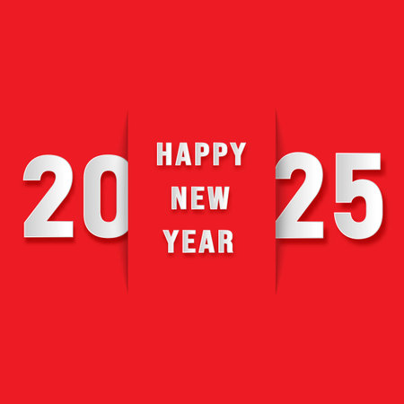Happy New Year 2025 banner on red background. Premium vector design 2025. Papercut style with shadow. Greeting card. Vector illustration.のイラスト素材