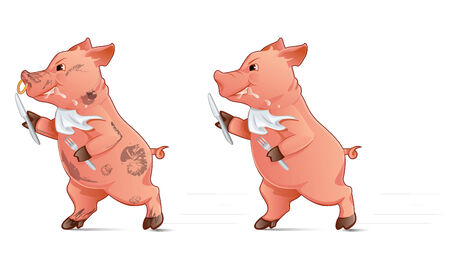 Hungry pig holding fork and knife and runningのイラスト素材