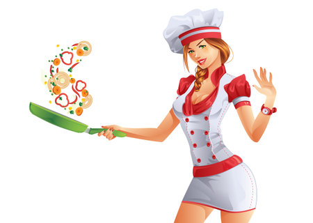 Cooking woman with green fryer pan のイラスト素材