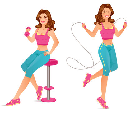 Beautiful fitness instructor is exercising with dumbbell and jumping ropeのイラスト素材