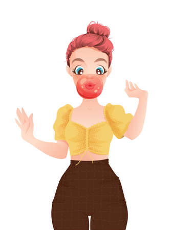 Pink Haired Woman Blows Bubble Gumのイラスト素材