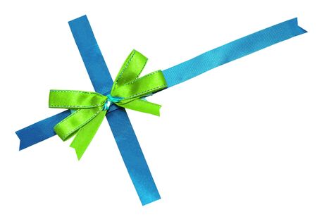green bow on blue ribbonの写真素材