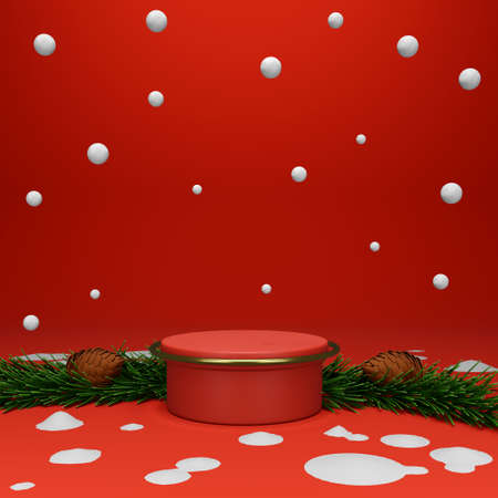 3d render cylinder shape podium red scene for christmas holiday new year concept.の写真素材