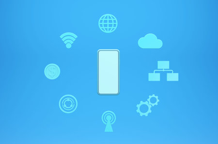Digital business concept. Smartphone with business element icon on blue background. 3d render...