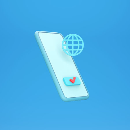 Digital business concept. Smartphone with business element icon on blue background. 3d render illustration.の写真素材