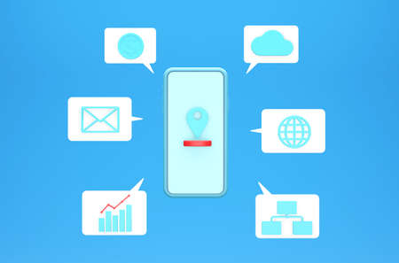 Digital business concept. Smartphone with business element icon on blue background. 3d render illustration.の写真素材
