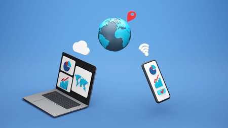 3D render illustration. Digital business concept. notebook with business element and icon on blue background.の写真素材