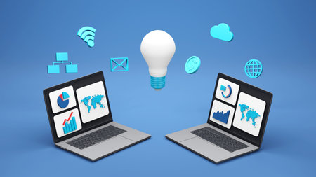 3D render illustration. Digital business concept. notebook with business element and icon on blue background.の写真素材