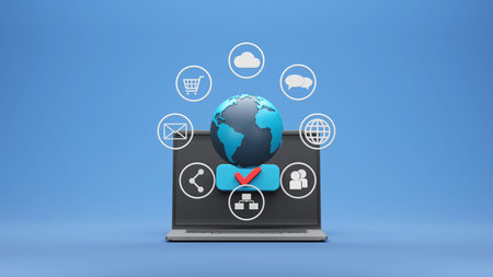 3D render illustration. Digital small business concept. notebook with business element and icon on...