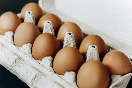 chicken eggs in a paper gray crate on a black backgroundの写真素材