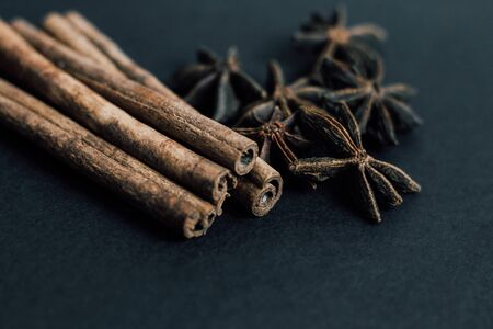 Traditional Christmas spices - Star anise with cinnamon on a dark background.の写真素材