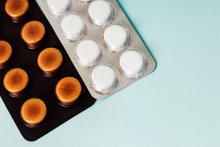 Different medicines tablets and  pills in blister pack. space for textの写真素材