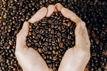 a lot of coffee beans on a wooden background. man holds coffee in the palms