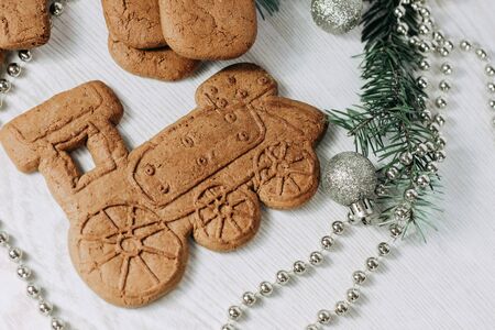 Christmas gingerbread cookies in the shape of a steam train.の写真素材