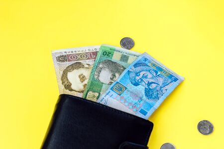 Ukrainian small money hryvnia and a penny in a leather black wallet.の写真素材