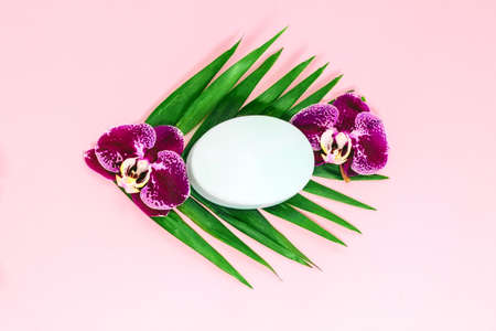 Purple orchid with soap on a pink background. Space for text.の写真素材