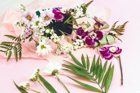 Flower arrangement in floristic foam (oasis) to preserve plant moistureの写真素材