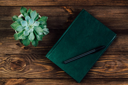 Succulents in a pot with a notebook and a pen on a background of brown boards.の写真素材
