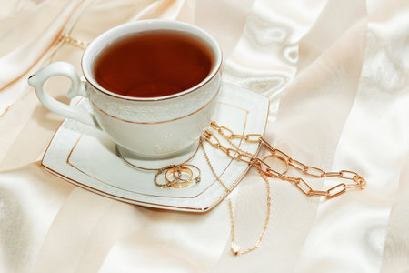 Women's jewelry earrings, trendy jewelry, rings on a saucer, cup of tea. Flatley.の写真素材