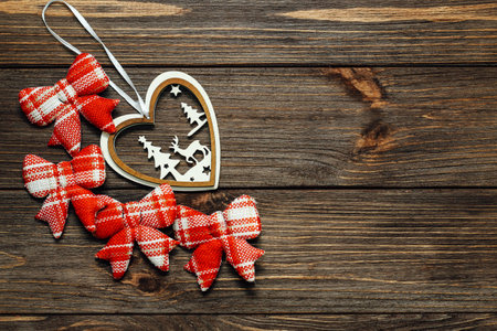 Christmas decorations on a wooden table background. Copyspace for designers.の写真素材