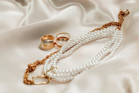 Flatley with gold jewelry and pearls on a silk background, wedding rings.の写真素材