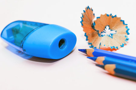 Multi-colored professional pencils with a sharpener.の写真素材