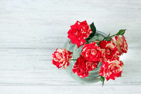 Bouquet of red roses in a vase on a white background from boards.の写真素材