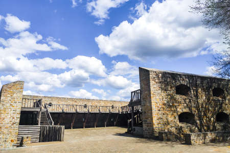The old stone castle defensive wall. Historical site.の写真素材