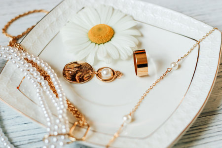 Delicate daisies close-up with gold jewelry. Chains, pendants, rings on a stand.