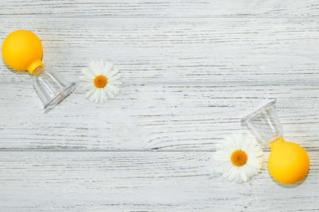 Delicate chamomile close-up with anti-cellulite vacuum massage cups.の写真素材