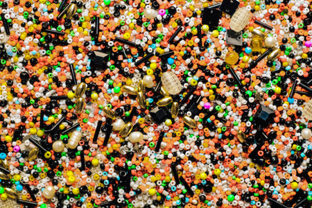 Multicolored orange, white, black beads close up.