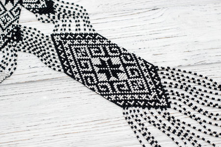 Ethnic jewelry necklace made of beads, Ukrainian necklace. hand weaving beadwork.の写真素材