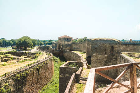 top view of the security castle building with high walls and a moat.のeditorial素材