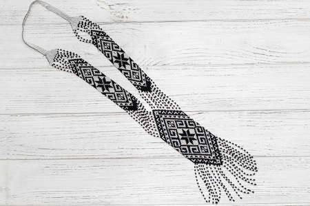 Ethnic jewelry necklace made of beads, Ukrainian necklace. hand weaving beadwork.の写真素材
