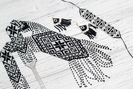 Ethnic decoration gerdan, viconane z biseru, ukrainian gerdan and earrings. hand weaving, geometric pattern.の写真素材