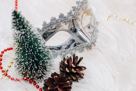 Christmas tree, pine cones, masquerade mask on a fluffy white background.