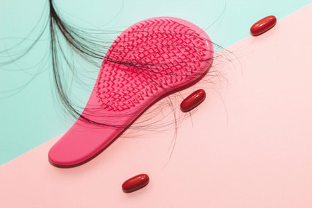 Plastic comb with fallen hair and pills on a wooden background.