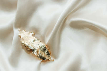 Golden hairpins on golden silk background, social media content..の写真素材