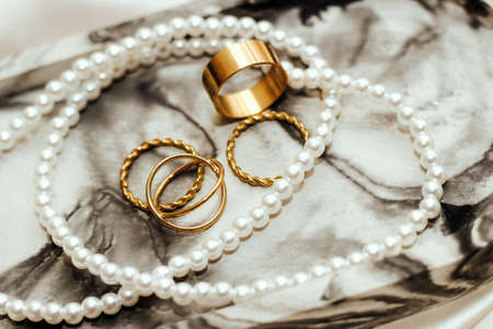 Gypsum marble decorative stand and gold and pearl decoration.の写真素材