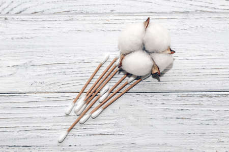 Cosmetic eco sticks on a cardboard base are scattered with cotton on a white background.の写真素材