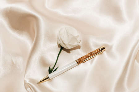 White rose on a silk beige background with a golden pen, space for text.の写真素材