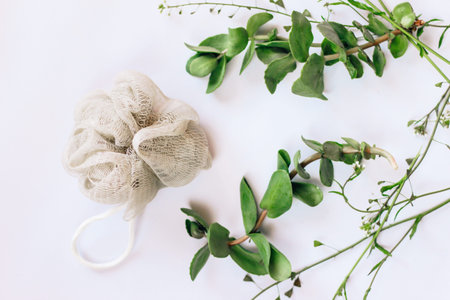 Washcloth shower sponge on a background with green plants.