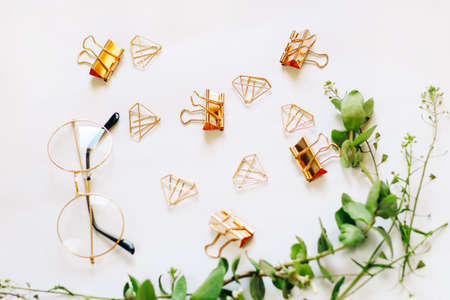 Glasses, paper clips and clips in the form of rose gold diamonds on a background with green plants.の写真素材