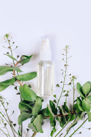 Serum cream essential oil for the face on a background with green plants.の写真素材