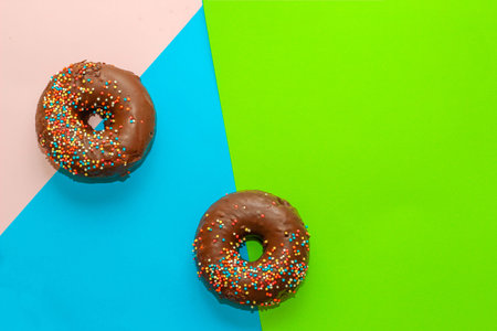 Donuts with chocolate glaze and colored sprinkles of round shape on a colored backgroundの写真素材